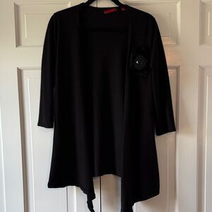 RED BLACK LONG OPEN FRONT LONG CARDIGAN EMBELLISHED LAGENLOOK SIZE MEDIUM